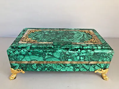 Large Hinged Natural Malachite Box With Jasper Stone Decoration. • $1400