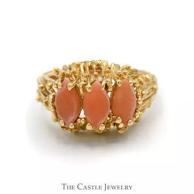 Marquise Shaped Triple Coral Ring With Open Nugget Style Setting In 14k Yellow G • $329