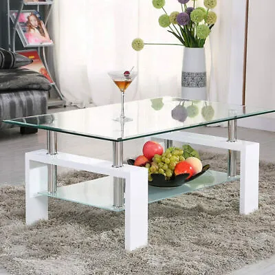 Modern Clear Glass Coffee Table Rectangle MDF-Legs Shelves Living Room White • $88.97