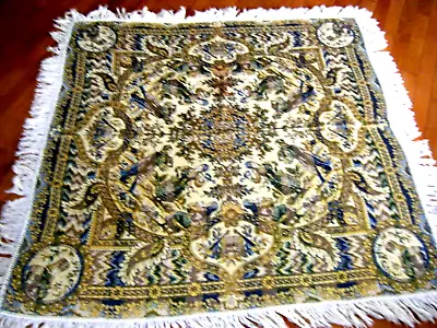 Antique Tablecloth Damask Tapestry Italy Catalunya Figural  Fringes Label • $75