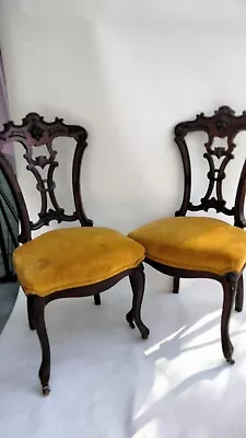 Pair (2) Antique Cherry Victorian Carved Velvet Dining Chairs In Romantic Style • $349