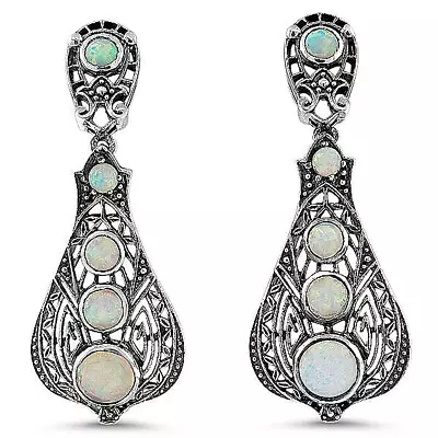 Victorian  925 Sterling Silver Lab-created Opal Vintage Design Earrings 652x • $45.99