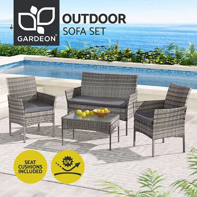 Gardeon 4 Seater Outdoor Sofa Set Wicker Setting Table Chair Furniture Grey • $239.95