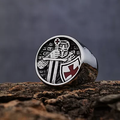 Biker 316 Stainless Steel Knights Templar Armor Shield Red Cross Ring For Men • $11.99