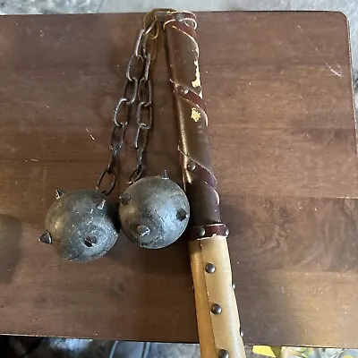 Vintage Medieval Flail Wooden Handle 3” Wooden Balls 15”handle Leather Trimmed • $59