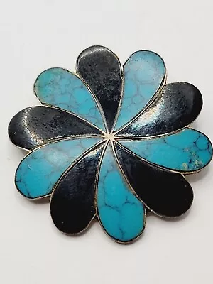 TAXCO 925 Silver - Vintage Turquoise & Black Onyx Flower Brooch Pin 3g  • $0.99