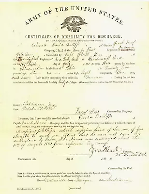$125 • Buy  Indiana Civil War Soldier Disability Discharge Maryland 1861