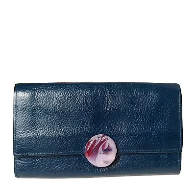 Raggio Veneziano Navy Blue Leather Clutch Wallet Murano Glass Button Detail • $29.99