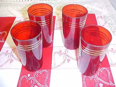 Vintage Beverage Glasses Ruby Red Gold Bands 8 Oz 4 3/4 From 1980's Lot Of 4 • $10.12