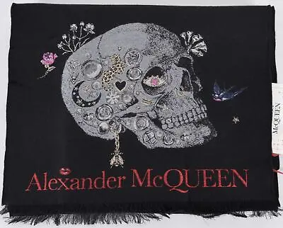 $359.13 • Buy New Alexander McQueen 645576 Black Wool Silk BROOCHES MONARCH Skull Scarf
