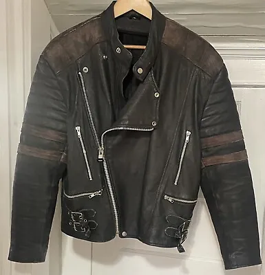 Men’s Genuine Leather Cafe Motorcycle Jacket VTG 80s Vented Unbranded Large L • $76.49