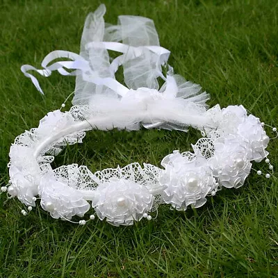 Girl White Lady Flower Lace Wedding Bride Maid Crown Garland Tiara Hair Headband • £10.99