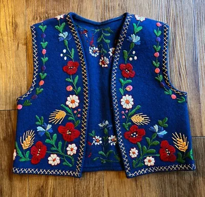 Vintage Hungarian Hand Embroidered Floral Child's Blue Wool Vest Matyo Folkloric • $85