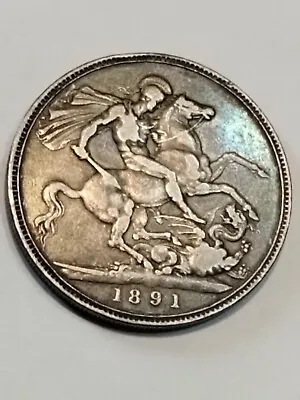 1891 Crown United Kingdom England Uk Antique Sterling Silver Coin Queen Victoria • $89