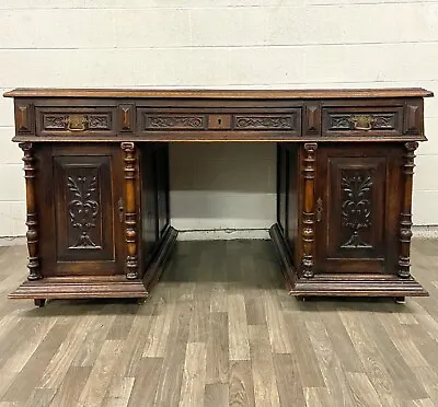 Antique French Renaissance Style Carved Oak Double Partner Desk • $2749