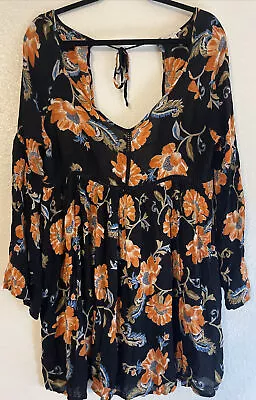 Patrons Of Peace  L Crinkle Boho Peasant Floral Dress Bell Sleeve Open Tie Back • $24.45