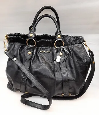 $291.22 • Buy MIU MIU Leather Vitello Lux Gathered Tote Black Bag Handbag Shoulderbag 