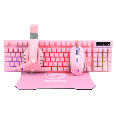 $45 • Buy PINK Marvo CM370 RGB LED Backlit Gaming Keyboard Mouse Headset Pad 