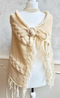 Cream Soft Cable Knit Asymmetric Tassel Fringed Buckle Shawl Scarf Wrap Cape • £14