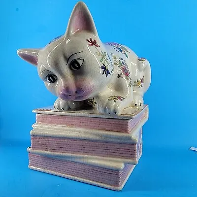 Cat Cookie Jar Hand Painted Floral Porcelain Cat On Books • $39.98