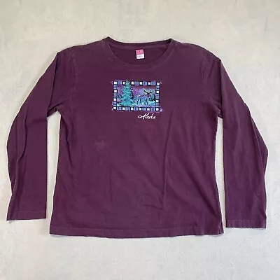 Alaska Moose Graphic T Shirt Women's Large Burgundy Long Sleeve 100% Cotton • $9.74