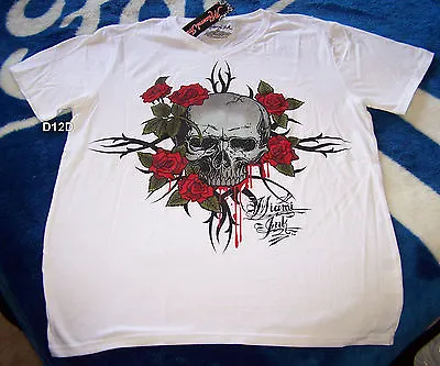 Miami Ink Skull & Roses Mens White Printed T Shirt Size XXS New • £6.20