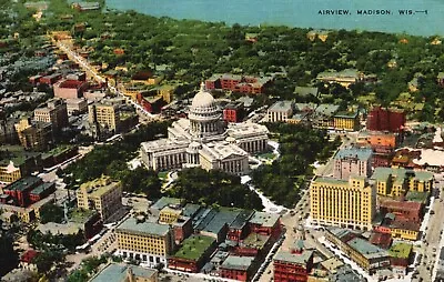 Postcard WI Air View Of Madison Wisconsin Unposted Linen Vintage PC F8286 • $4