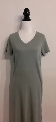 F & F Sz 10 Relaxed-Fit Sage Green Short-Sleeve V-Neck Ribbed T-Shirt Midi Dress • £9.99