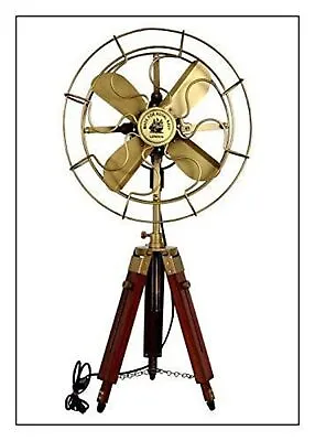 Vintage Electric Pedestal Fan With Wooden Tripod Stand Brass Finish Nautical • $362.48