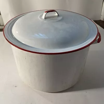 Vintage White Enamel Cookware Pot - Red Trim With Lid • $14.99