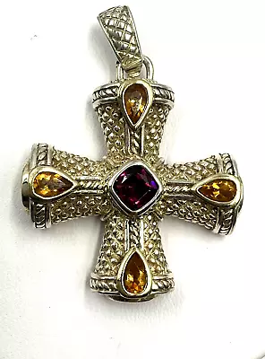 Sterling Silver Multi Gemstone Maltese Cross Gold Accent Pendant • $47.97