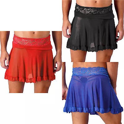 Men Floral Lace See-Through Mesh Frilly Skirt Cover Up High Waist Skirt G String • $7.43