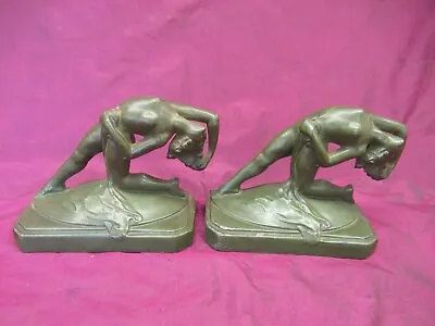 Pair Antique 1920s Art Deco Green Patina Metal Nude Woman Bookends 7 X4.5  • $100