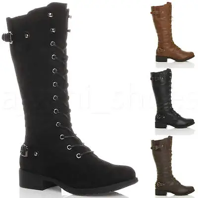 Womens Ladies Low Heel Lace Up Zip Biker Army Combat Military Calf Boots Size • £26.99