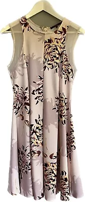 Next Knee Length Skater Dress Floral Mesh Shoulder Inserts Pink Burgundy UK 12 • £11.99