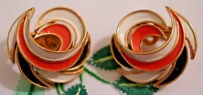 Vintage Crown Trifari Orange White And Black Enamel Feather Clip Earrings 1960s • £16.08