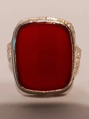 $180 • Buy Antique Vintage Art Deco Carnelian 10k White Gold Filigree Ring