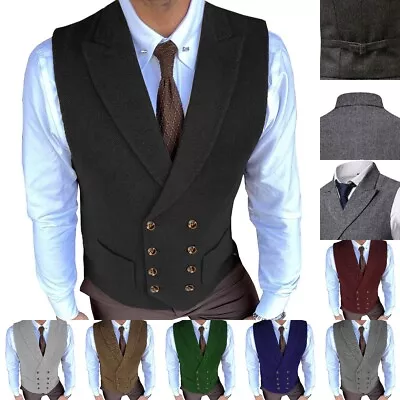 Mens Suit Double-Breasted Waistcoats Tweed Herringbone Vest Vintage Wedding Wool • $48.39