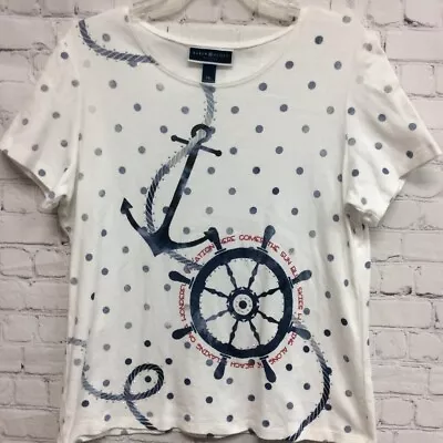 Karen Scott Womens T-Shirt White Blue Polka Dot Nautical Sequin Scoop Petite PXL • $15.51