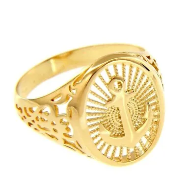 18k Yellow Gold Band Man Ring Finely Worked Nautical Anchor Oval With Rays • $933