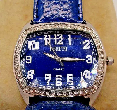 Blue Face Rectangle Manhattan Croton  Watch W/ Rhinestones 45mm Wide New Battery • $24.49