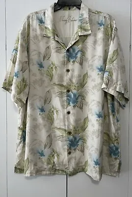 Tommy Bahama Vintage Hawaiian Silk Shirt Wooden Button Size XL Blue Green • $25