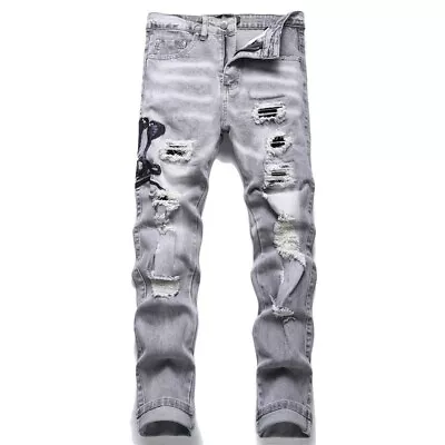 Mens Jeans Casual Slim Ripped Stretch Denim Pants Male Embroidery Skinny Jeans • $58.99