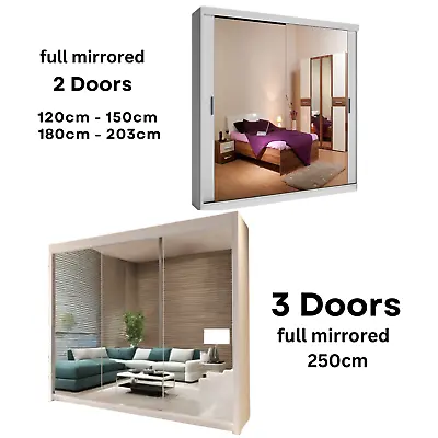 Modern Sliding Wardrobe 2/3 Doors Full Mirror  Design 6 Colours/5 Sizes - ALASKA • £359