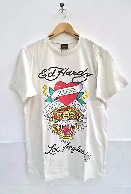 Ed Hardy T Shirt Love Runs Wild Tiger Print Mens T-Shirt Ivory Size Medium • £39.95