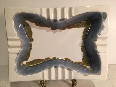$20 • Buy Vintage Mid Century California Pottery #3507 USA Large Ashtray White Blue Green
