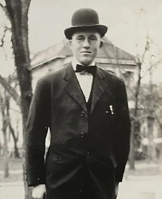 Mormon Preacher 1921 Young Man In Bowler Hat & Bow Tie & Glasses Vintage Photo • $12.95