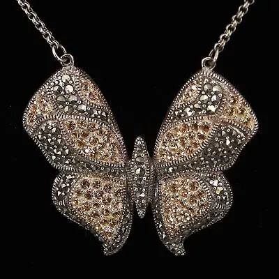 VTG Sterling Silver Crystal & Marcasite Pave Butterfly Pendant 16  Necklace 15g • $8.50