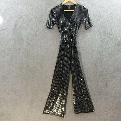 £15.49 • Buy New Look Black Silver Sequin Jumpsuit Wide Leg Short Sleeve Belted Party Uk 6