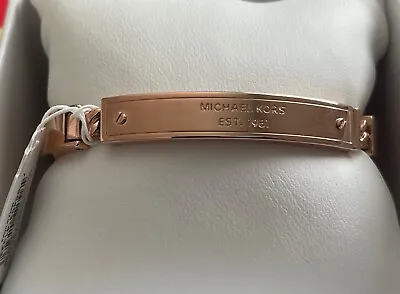 NEW MICHAEL KORS Heritage Rose Gold Bangle Bracelet MK Logo Plaque MKJX3841791  • $46.99